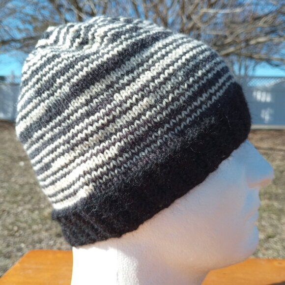 Mens Alpaca Wool Beanie Skully Hand Knit Hat Light Thin Faux Fair Isle Striped - Picture 4 of 9